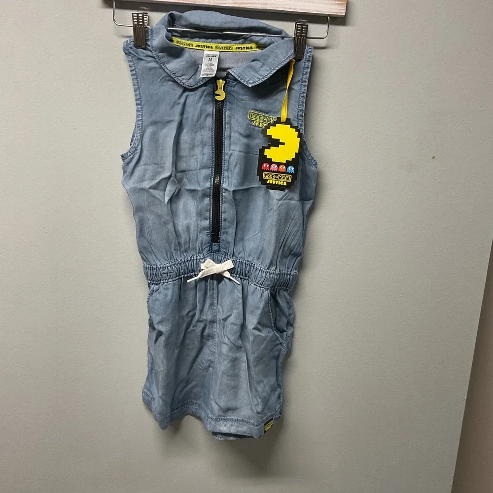 Justice Pac Man Chambray Romper Jumpsuit Girls Size M 10 Blue Sleeveless Zipper‎